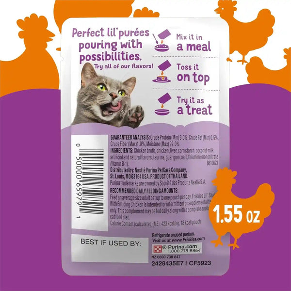 Purina Friskies Pureed Cat Food Topper, Lil’ Shakes with Enticing Chicken Lickable Cat Treats - (Pack of 16) 1.55 Oz. Pouches7
