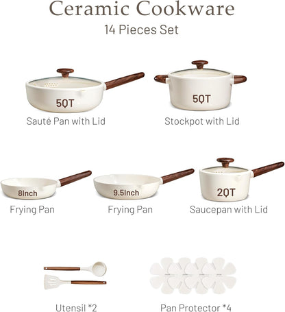 Ceramic Cookware Sets, Pots and Pans Set Non Stick, Non Toxic Healthy Induction Cookware, 14 Pcs Nonstick Kitchen Pots and Pans Set, PFAS PTFE Free, Dishwasher Safe3