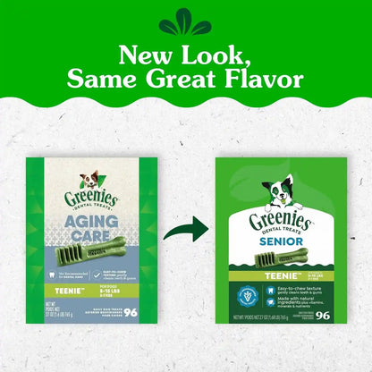 Greenies Senior Teenie Size Adult Natural Dental Dog Treats, 96 Count | Veterinarian-Recommended, Cleans Teeth, Freshens Breath, Supports Joint Health, Dogs 7+ (5-15 Lbs), 27 Oz. Pack2