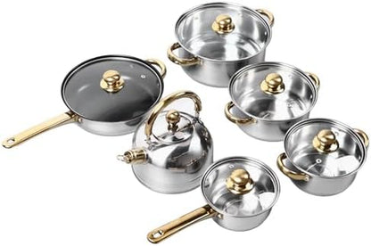 Home Stainless Steel Cookware Sets 12 Piece, Pots and Pans Kitchen Cooking Set with Stay Cool Handles, Dishwasher , Included Milk Pot, Sauce Pan, Fry Pan, Kettle1