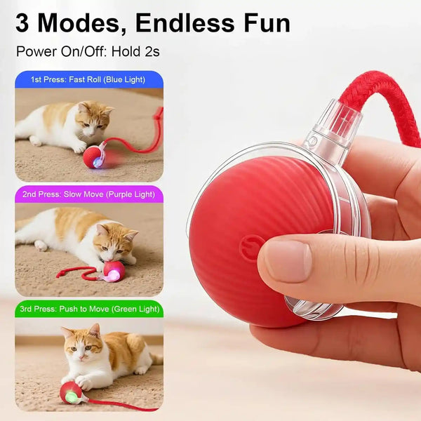 Smart Interactive Automatic Electric Rolling Moving Rechargeable Motion Activated Self Play Electronic Stimulation Chase Teaser Ball Toy with Rope for Indoor Bored Adult Cat and Dog, Red3