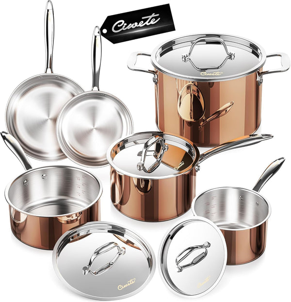 Whole Tri-Ply 18/10 Stainless Steel Cookware Set, 10 Pcs Elegant Copper Pots and Pans Set, Induction Cookware, Frying Pans, Saucepans & Stock Pot with Lid, Ideal Gift for Wedding, Housewarming1