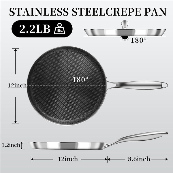 12 Inch Stainless Steel Crepe Pan,Nonstick Dosa Tawa | Honeycomb Nonstick Coating, Pfoa-Free.Compatible with All Stoves. Easy to Clean.Oven Safe&Dishwasher Safe2