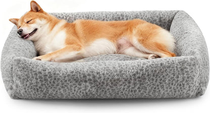 JOEJOY Dog Bed Medium Size Dog, Removable Washable Cover Orthopedic Soft Pet Bed, Anti-Slip Fluffy Plush Faux Rabbit Fur Puppy Bed, 30"X24"X8", Leopard Print, Grey17