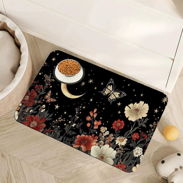 Vintage Damask Flower Dog Cat Food Mat,White Black Floral Absorbent Pet Feeding Mat for Food and Water,Non-Slip Dog Bowl Mats Floor Protector 12"X20"10