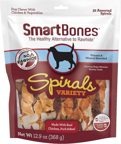 Smartbones Spirals Rawhide-Free Dog Treats Variety Pack, 32 Count | with Real Chicken, Beef & Pork, Easy to Digest Chew, Vitamin & Mineral Enriched, Helps Maintain Healthy Teeth, for Adult Dogs1