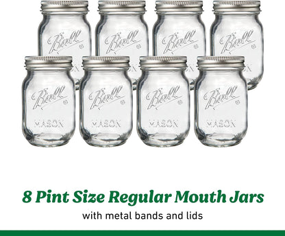 Regular Mouth Pint 16Oz. Glass Mason Jar with Lids and Bands, 8 Count8
