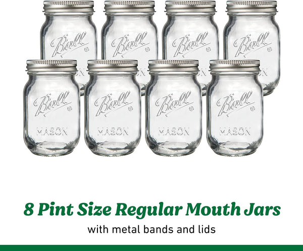 Regular Mouth Pint 16Oz. Glass Mason Jar with Lids and Bands, 8 Count8