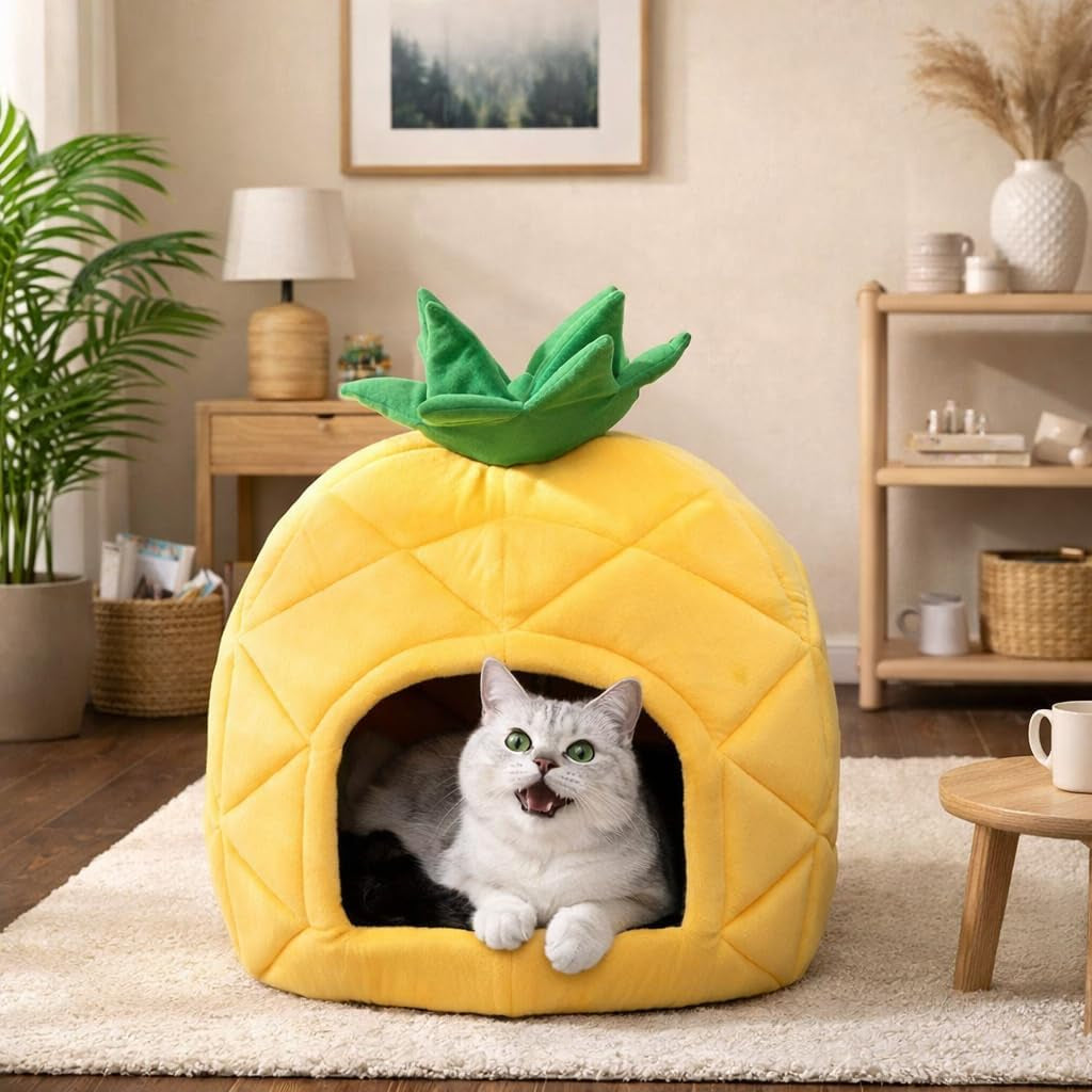 hollypet-cat-bed-cave-for-indoor-cats-for-pets-up-to-15-lbs-pineapple-warm-cat-bed-cats-cave-condo-covered-kitty-house-with-removable-washable-cushion-cozy-enclosed-pet-bed-for-small-dogs