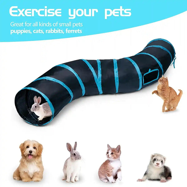 Sheldamy Cat Tunnel, S-2-Way Cat Tunnels for Indoor Cats, Collapsible Cat Play Tunnel, Interactive Toy Maze Cat House with 1 Play Ball for Cats, Puppy, Kitty, Kitten, Rabbit (Blue & Black)5