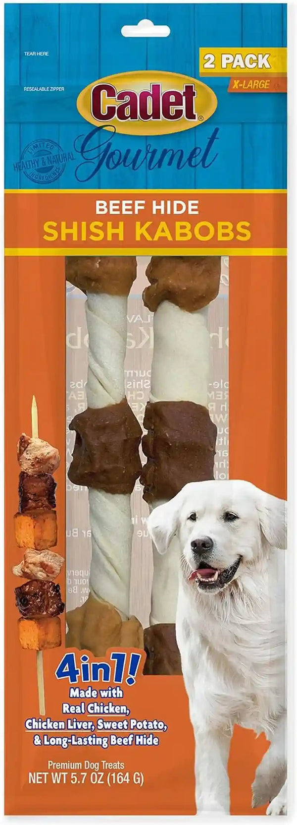 Cadet Gourmet Shish Kabob Dog Chews for Large Breeds, Rawhide Treats for Dogs with Chicken and Sweet Potato, Healthy & Natural Beef Hide, 10-Inch Sticks, 4 Count (Pack of 1)15