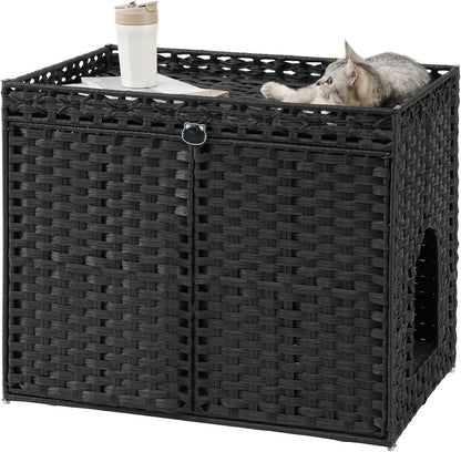 SETVSON Cat Litter Box Enclosure Furniture, Handwoven Rattan Hidden Litter Box with Mat, Large Space Cat House with 2 S-Shaped Hooks 30.3 X 18.3 X 24.4 Inches, Indoor for Living Room Apartment Natural11