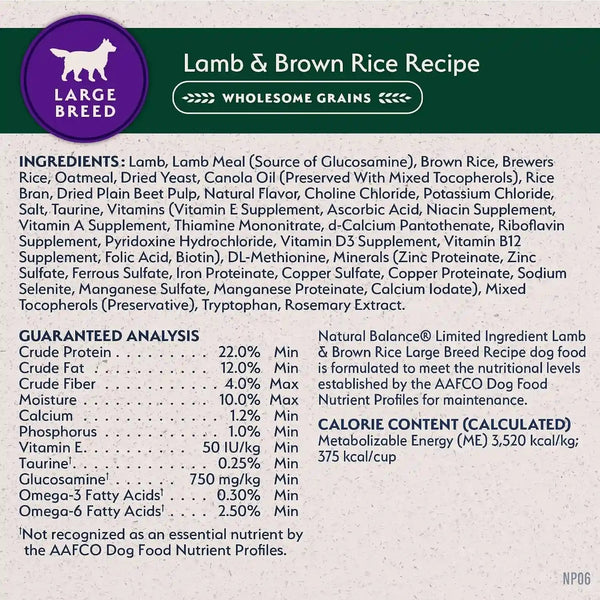 Natural Balance Limited Ingredient Large Breed Dry Dog Food - Complete Nutrition for Large Breeds - Wholesome Grains Brown Rice Recipe - Limited Ingredient Formula - 26 Lb - Lamb & Brown Rice9