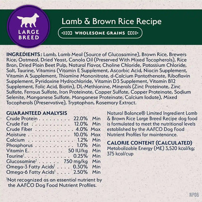 Natural Balance Limited Ingredient Large Breed Dry Dog Food - Complete Nutrition for Large Breeds - Wholesome Grains Brown Rice Recipe - Limited Ingredient Formula - 26 Lb - Lamb & Brown Rice9