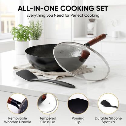 12.6 Inch Carbon Steel Wok Pan with Glass Cover, Pre-Seasoned Flat Bottom Wok for Chinese Cooking, Woks & Stir-Fry Pans Cookware, Compatible with Induction, Electric, Gas & Halogen3