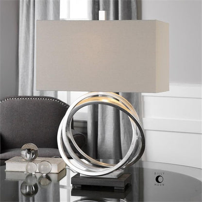 Steel and Linen Rings Table Lamp, 27.5 in Height, Silver and Light Beige Finish, Rectangle Hardback Shade, 3-Way Socket, 1 Light, 150W, Modern Accent Lighting for Living Room or Bedroom2