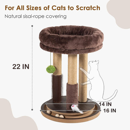 22 Inch Heavy-Duty Cat Scratching Post with Cozy Plush Bed, 3 Sisal Scratching Posts, Interactive Cat Scratcher with Grooming Brush, Hanging Pom-Pom, Track Balls & Mouse Toy for Indoor Cats2