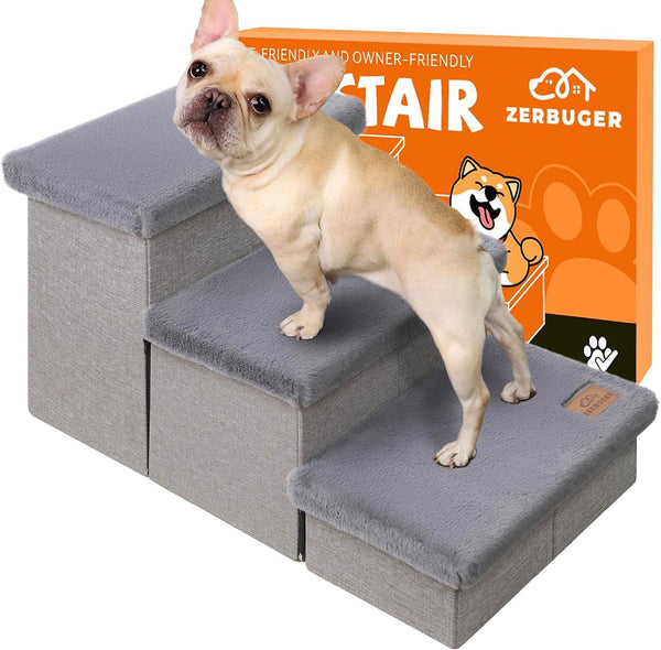 Zerbuger Wider Dog Ramp for High Bed with Storage 18" H, Foldable Dog Stairs for Small Medium Large Older Senior Animal, Sturdy Dog Step for Climbing Bed or Couch, Arthritis-Friendly (Gray, No Condo)10
