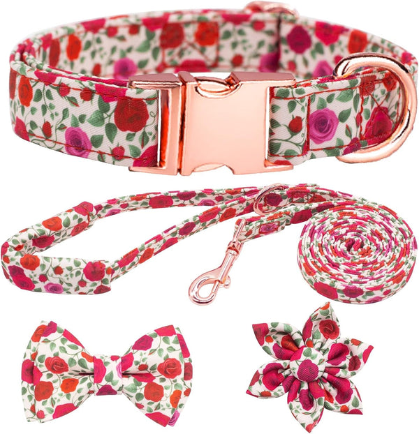 Dog Collar and Leash Set Girls Adjustable Puppy Collars with Floral Bow Tie for Small Medium Large Female Dogs, Orange Flower, S15