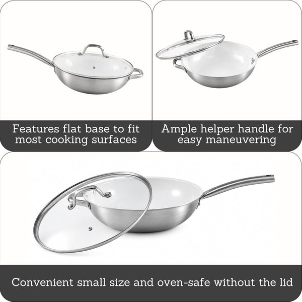 12 Inch 2 Ply Aluminum Ceramic Wok with Glass Lid, Gray | Ceramic Nonstick Interior, 2 Ply Construction, Long and Helper Handles, Ideal for Fried Rice, Noodles and Everyday Cooking3