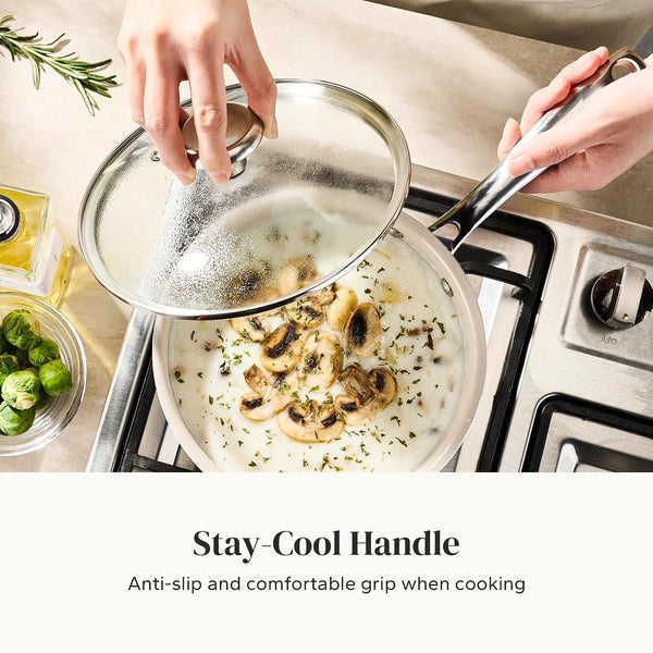 Stock Pot Set with Lid 5Qt, Ceramic Saucepan Set 2.5/3.5Qt, Induction Cooking Pot Set, Nonstick Cookware Set for Stoves, Even Heat, Stay-Cool Handle, Oven/Dishwasher Safe, PFAS Free (Beige)6