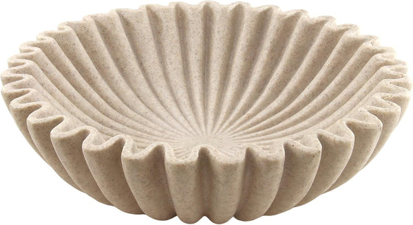 10'' Large Ruffle Decorative Fruit Bowl for Entryway Coffee Table Scalloped Purse Key Holder Kitchen Countertop Console Modern Organic Home Decor, Artificial Stone Beige1