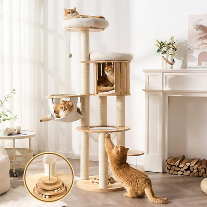 50" Modern Cat Tree for Indoor Cats Small to Medium, Solid Wood Cat Tower with Sisal Scratching Posts, Cat Scratcher Cardboard, Cozy Cat Beds & Hidden Cat Condo, Multi-Level Cat Furniture16
