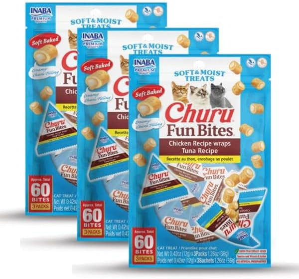 INABA Churu Fun Bites for Cats, Soft & Chewy Baked Chicken Wrapped Filled Cat Treats with Taurine, 0.42 Ounces Each Tetra, 12 Tetras, 4 Flavor Variety Pack8