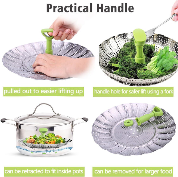 Vegetable Steamer Basket for Cooking Food, Stainless Steel Veggie Steam Basket for Pot, Folding Expandable Steaming Insert with Extendable Handle Fits Various Size Pot, 5.1" to 9"4