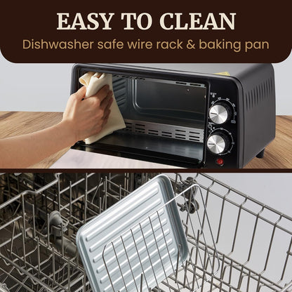 ETO449 Toaster Oven, 9.5Qt/4-Slice, 800W Quartz, Black | Fits 8" Pizza, 200-450F Adjustable Temp, 30-Min Timer - Includes Bake Pan & Rack, Compact Countertop Mini Design5