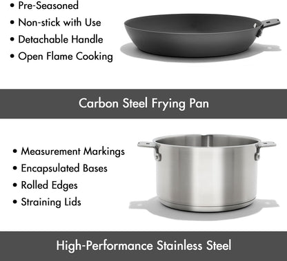 OXO Outdoor 8 Piece Camping Cookware Set, 10" Pre-Seasoned Carbon Steel Frying Pan Skillet, 2.25QT and 5QT Stainless Steel Saucepans with Lids, Removeable Handle, Trivet, Travel Bag, Space-Saving4