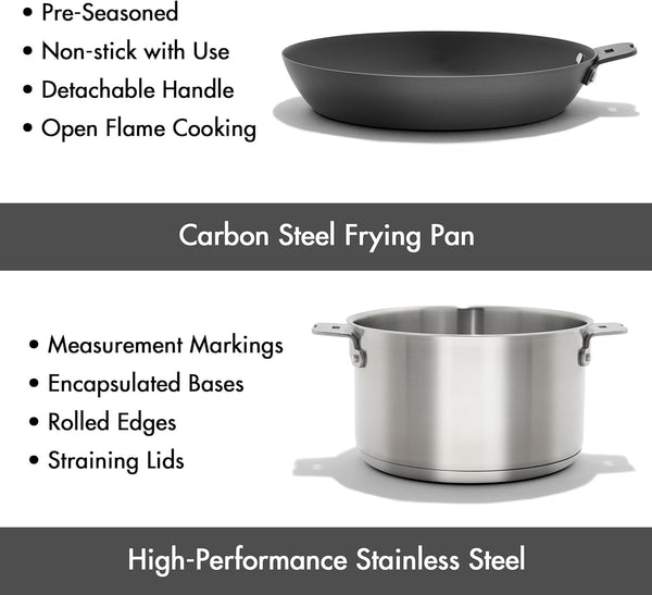OXO Outdoor 8 Piece Camping Cookware Set, 10" Pre-Seasoned Carbon Steel Frying Pan Skillet, 2.25QT and 5QT Stainless Steel Saucepans with Lids, Removeable Handle, Trivet, Travel Bag, Space-Saving4