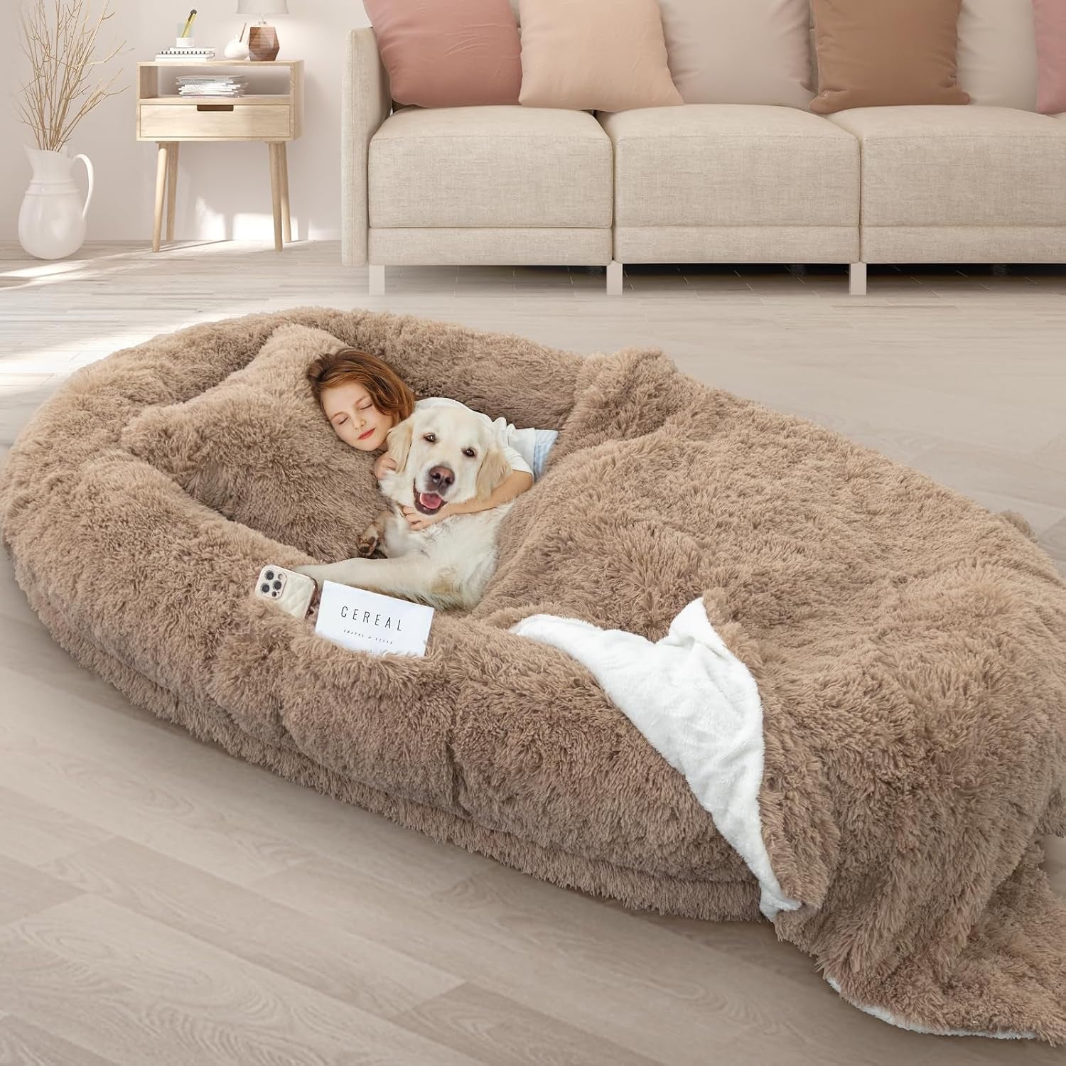 roomtec-human-dog-bed-71x45x12-size-fits-adult-and-pet-washable-giant-people-bed-10-cm-thick-memory-foam-large-oversize-pet-bed-with-plump-pillow-blanket-strap-grey