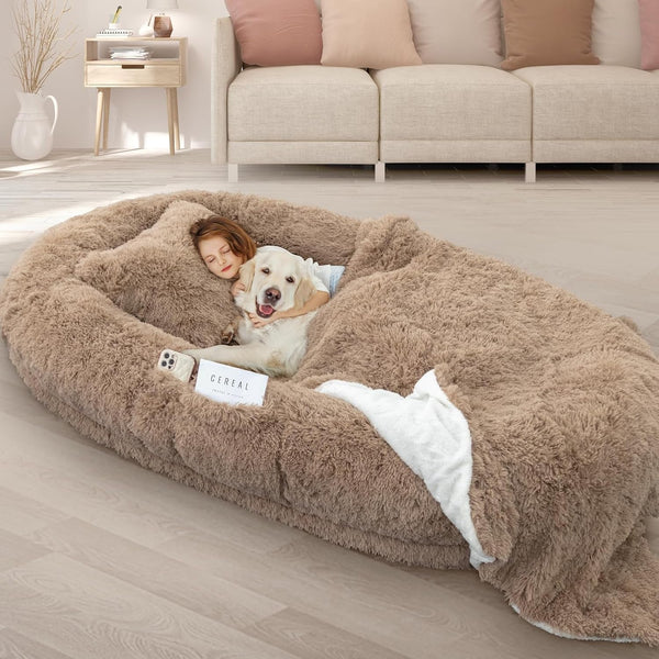 ROOMTEC Human Dog Bed, 71''X45''X12'' Size Fits Adult and Pet Washable Giant People Bed 10 CM Thick Memory Foam Large Oversize Pet Bed with Plump Pillow, Blanket, Strap - Grey18