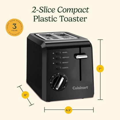 Compact Toaster, 7 Shade Settings, 2-Slice Capacity, Black | 2 Slice Toaster for Bagels & Bread with Defrost/Reheat/Cancel Functions, Removable Crumb Tray & Compact Design, CPT-122BK6