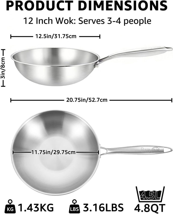 12 Inch Tri-Ply Stainless Steel Wok Pan, Uncoated Wok for Stir Fry | PFOA/PFOS Free, Heavy-Gauge Flat Bottomed Cookware, Suitable for Induction & Electric Stoves, Detachable Handle5
