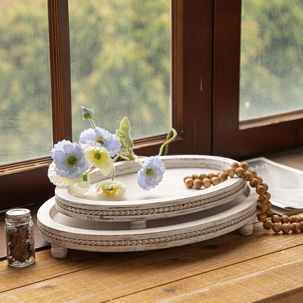 Farmhouse Oval Wooden Decorative Trays Set of 2, Distressed White Solid Wood Beaded Trays for Coffee Table, Kitchen Counter, Ottoman & Dining Table Centerpiece Decor8