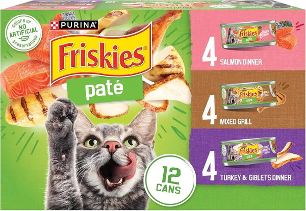 Purina Friskies Wet Cat Food Pate Variety Pack Salmon Dinner, Turkey and Giblets Dinner and Mixed Grill - (2 Packs of 12) 5.5 Oz. Cans1