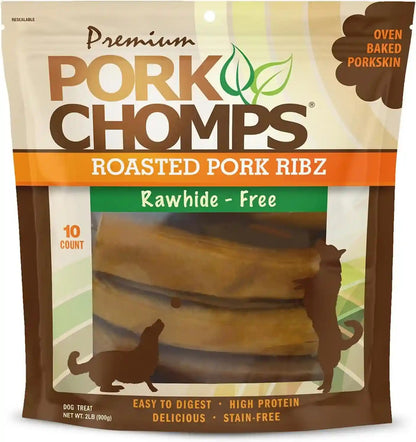 Pork Chomps Roasted Pork Skin Dog Chews, 6 Inch Rib Shapes, 10 Count, Pack of 1 - Long-Lasting Treats for Dogs - High Protein, Rawhide-Free, Low Fat, Healthy & Delicious Chews1
