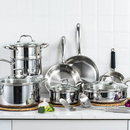Tri Ply Stainless Steel Cookware Set, 16-Piece Pots and Pans Set with Kitchen Utensils and Steamer, Non-Toxic, Multiclad, Induction Oven Compatible, Dishwasher Safe7
