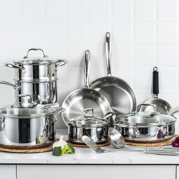 Tri Ply Stainless Steel Cookware Set, 16-Piece Pots and Pans Set with Kitchen Utensils and Steamer, Non-Toxic, Multiclad, Induction Oven Compatible, Dishwasher Safe7