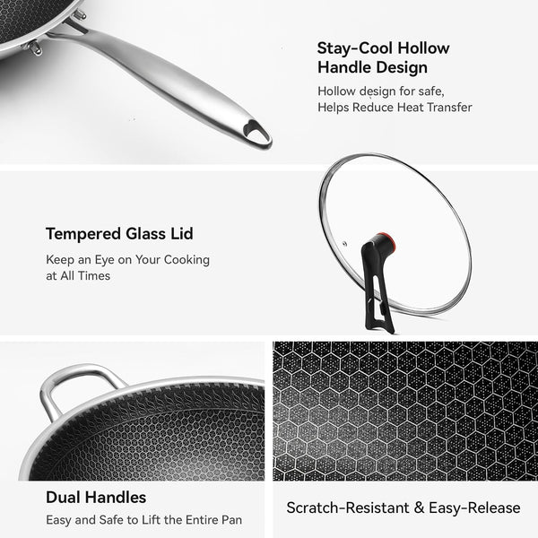 Stainless Steel Wok Pan with Lid, 12.6 Inch Honeycomb Hybrid Nonstick Stir Fry Pan, Tri-Ply Clad Skillet for Induction Electric Gas Stove, Dishwasher Safe, No Seasoning Needed (Serves 3-4)9