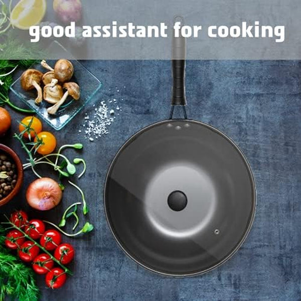 5 Pcs Carbon Wok Set, Carbon Steel Wok Pan 12 Inch Woks and Stir Fry Pans, Chinese Wok for Electric, Induction & Gas Stove with Glass Lid, Wok Spatula, Chopping Board & Paring Knife7