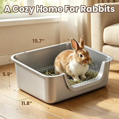 Rabbit Litter Box, Extra Large Bunny Litter Box with 304 Stainless Steel Sifting Grid, Safe Plastic-Covered Entry Edge & Hooks, Easy to Clean and Odor Control (15.7" × 11.8" × 5.9")7