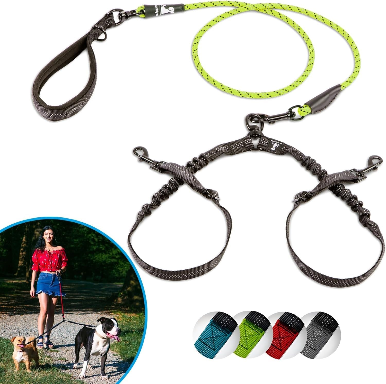 sparklypets-double-dog-leash-for-2-dogs-rope-bungee-dual-leash-for-medium-and-large-breeds-with-padded-handles-tangle-free-teal-medium-large