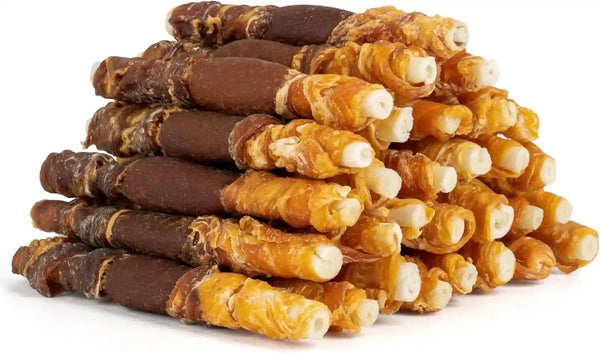 MON2SUN Dog Treats, 5 Inch Triple Flavor Wrapped Rawhide Sticks, 21.16 Oz | 30 Count Pack, Chicken Liver, Duck and Chicken Recipe, Long-Lasting Chew, Support Dental Health, for Small and Medium Dogs1