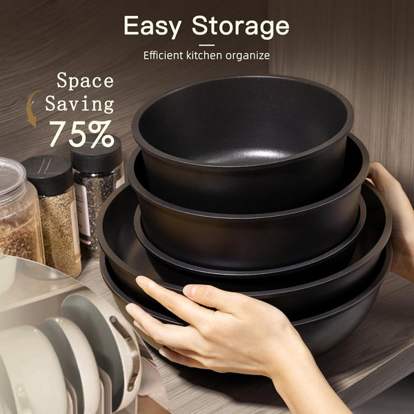 21 Pcs Pots and Pans Set Non Stick, Ceramic Cookware Set Detachable Handle, RV Kitchen Cooking Set Removable Handles, Oven Safe, Induction Ready, Stackable, Black, Fathers Day Gift for Men7