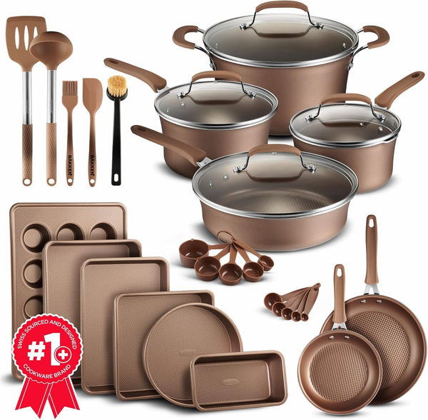 Pots and Pans Set, 23-Piece Non Stick Cookware & Bakeware Sets with Plaid Pattern, Stackable Design, Dishwasher Safe, Stain-Resistant, Oven & All-Stove Safe, Tempered Glass Lid, Golden1