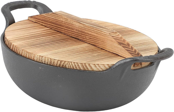 Cast Iron Wok Pan 14 Inch Pre Seasoned Stir Fry Skillet with Wooden Lid Flat Bottom Oven Safe for Authentic Asian Cooking on Stovetop for Home Cooks (25Cm)2