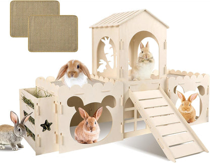 Extra Large Rabbit Castle, Wooden Bunny House &,Detachable Rabbit Hideaway, Indoor Hamster Castle with Ramp, Small Animal Houses & Habitats for Guinea Pig Chinchilla Ferret(3 House)10